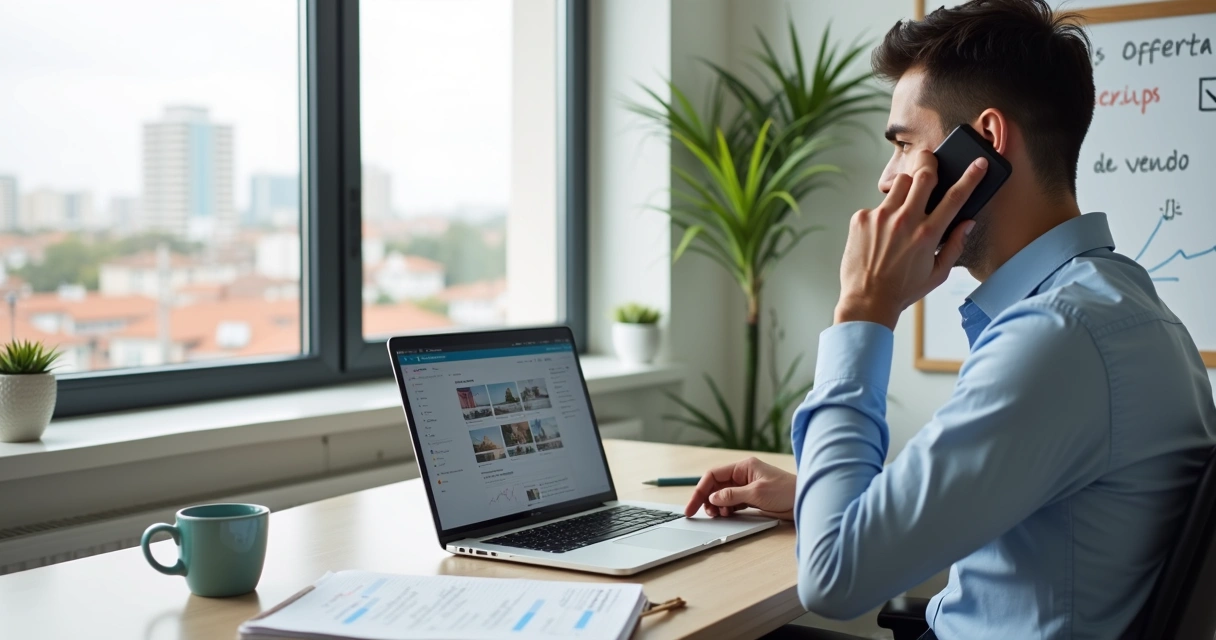 Corretor imobiliário fazendo ligação fria em ambiente de escritório moderno 