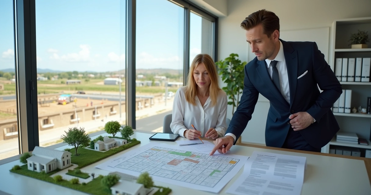 Corretor imobiliário apresentando loteamento a casal em plantão de vendas moderno 