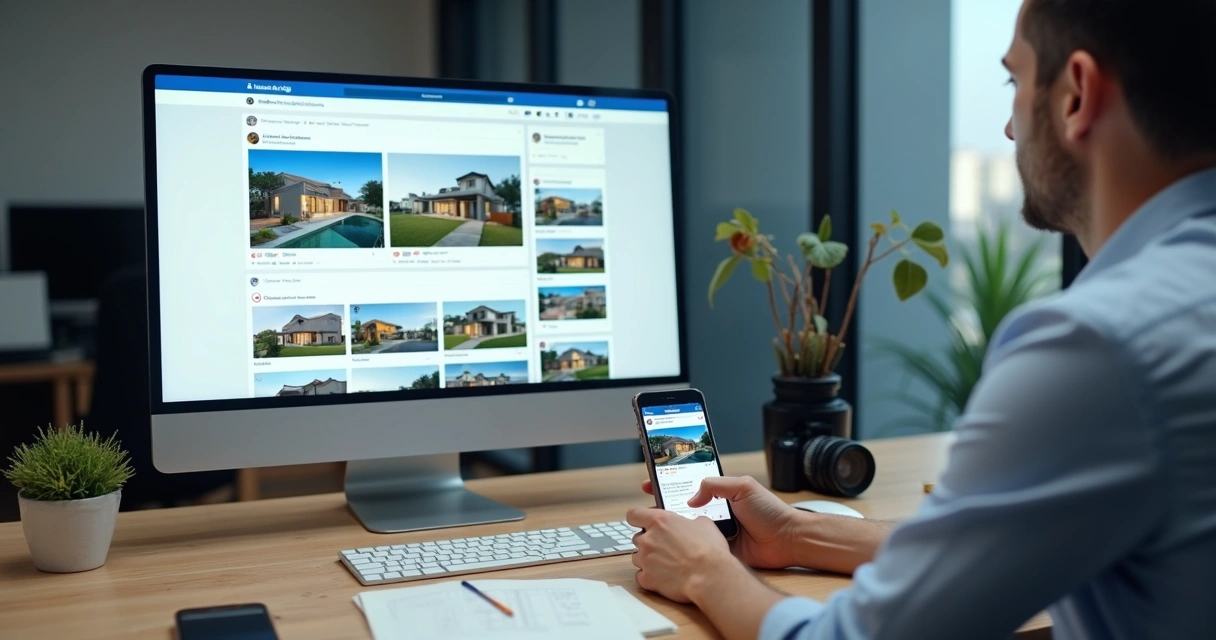 Corretor de imóveis produzindo conteúdo para redes sociais no escritório 