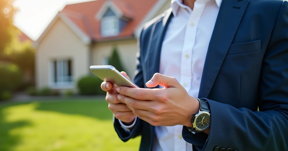 Corretor imobiliário usando aplicativo de gestão de leads no celular durante visita a imóvel 