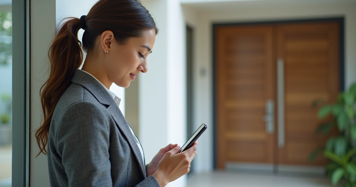 Corretor de imóveis consultando aplicativo em smartphone enquanto visita imóvel 