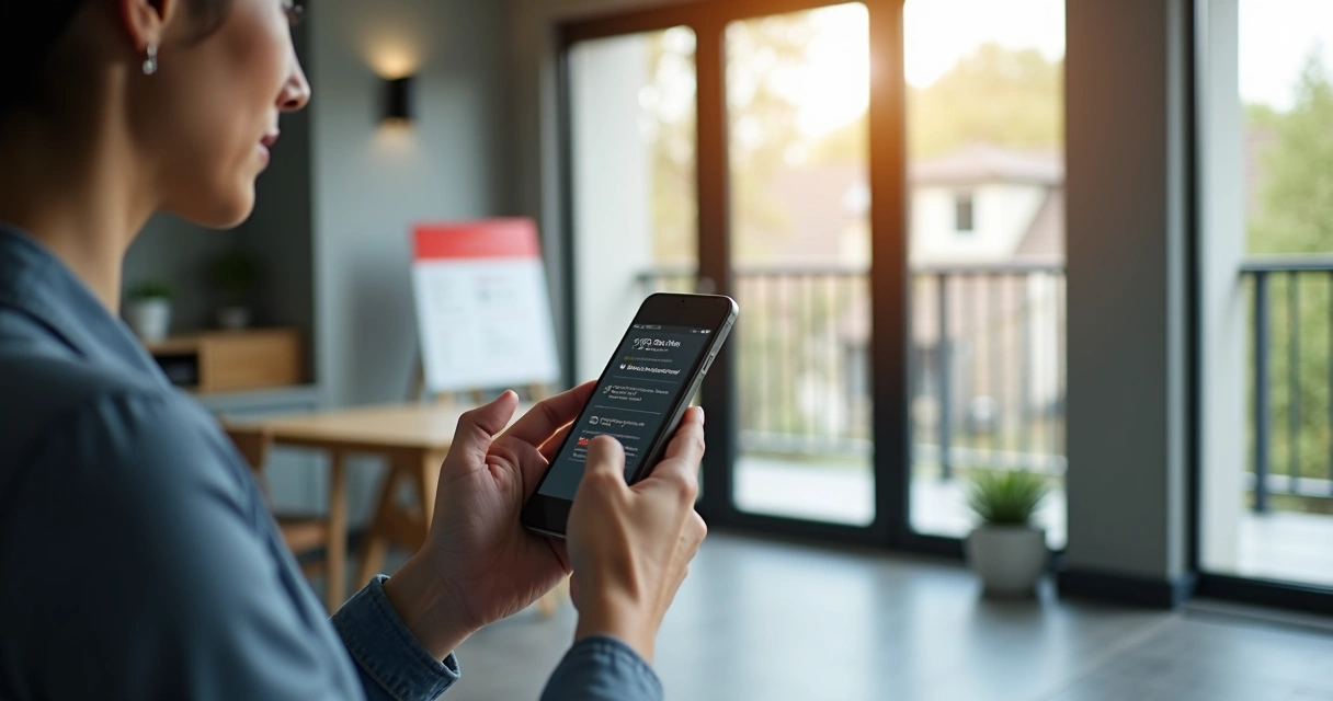 Corretor imobiliário recebendo notificação em smartphone durante visita a imóvel 