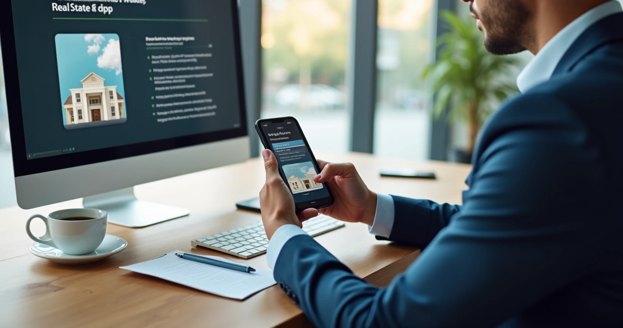 Corretor de imóveis usando tutorial digital em smartphone