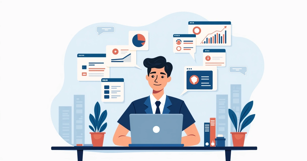 Corretor organizando tarefas diárias com agenda digital e gráficos de produtividade 