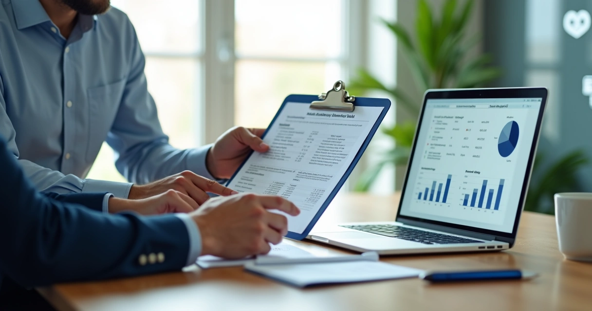 Corretor de plano de saúde explicando contrato para cliente em escritório moderno 