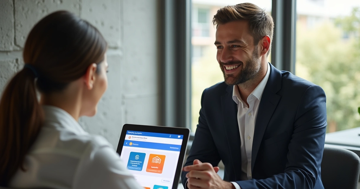 Corretor mostrando portal digital de inquilino para cliente em tablet 