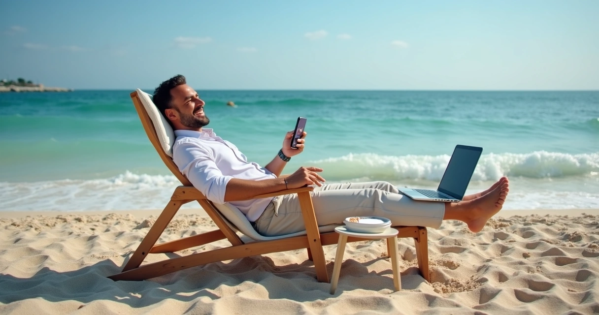 Corretor de imóveis relaxando na praia após almoço, celular ao lado com notificações