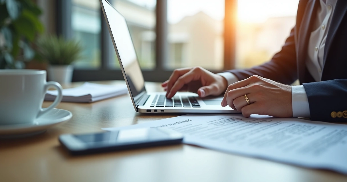 Corretor de imóveis digitando dados em contrato digital 
