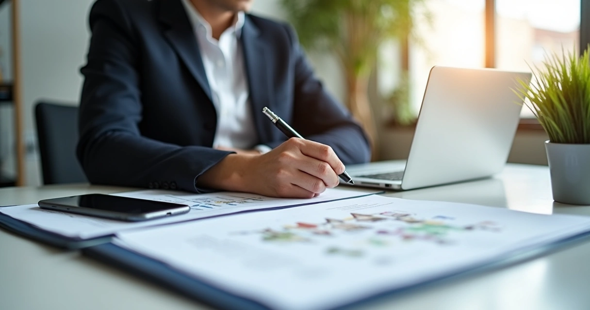 Corretor de imóveis digitando informações em seu notebook após visita. 