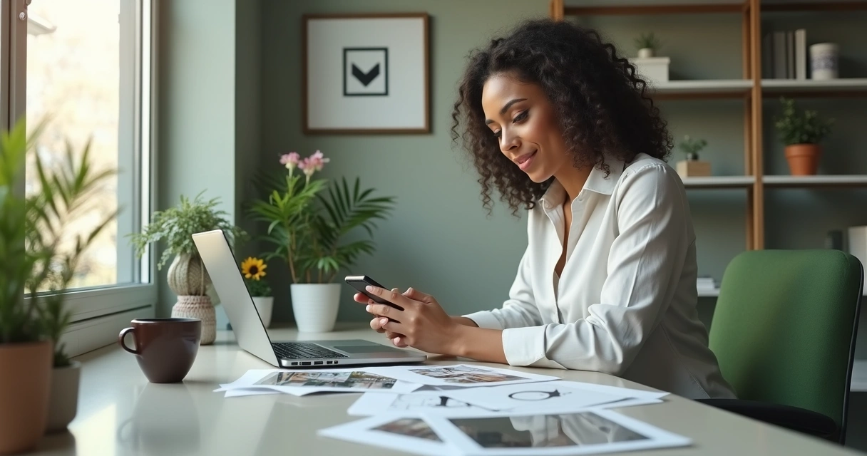 Corretor de imóveis digitando mensagem no celular para cliente