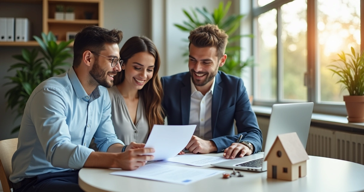 Corretor de imóveis e clientes analisando contrato de venda de imóvel 
