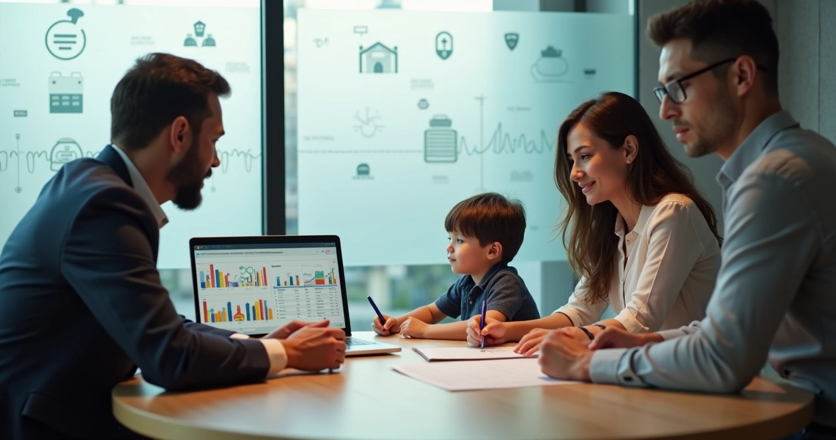 Corretor de seguros mostrando simulacao para casal com filho em sala de reuniao moderna 