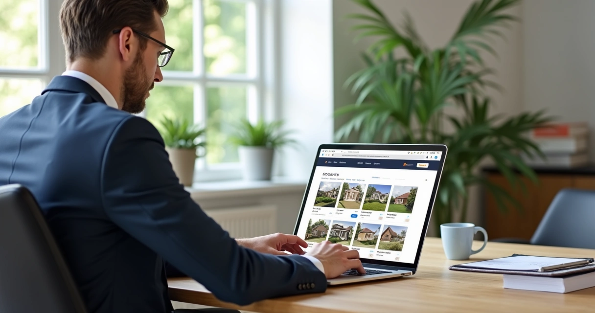 Homem de terno, sentado à mesa, usando notebook enquanto navega por site imobiliário moderno 