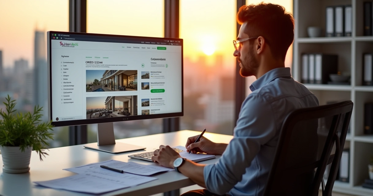 Corretor de imóveis revisando layout de site profissional em computador no escritório 