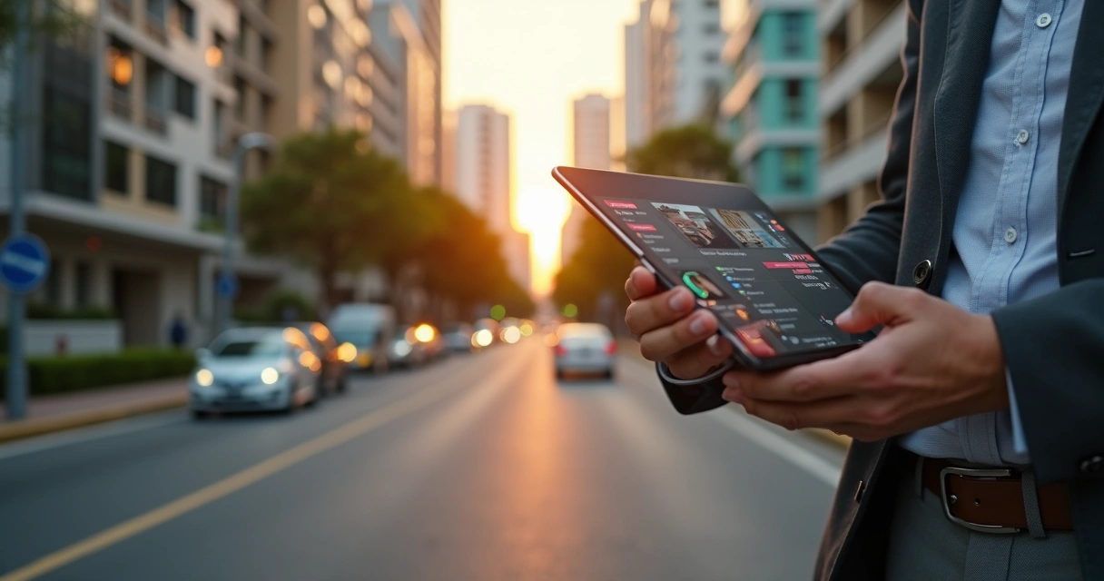 Corretor analisa lista digital de imóveis em tablet enquanto observa prédios reais na cidade 
