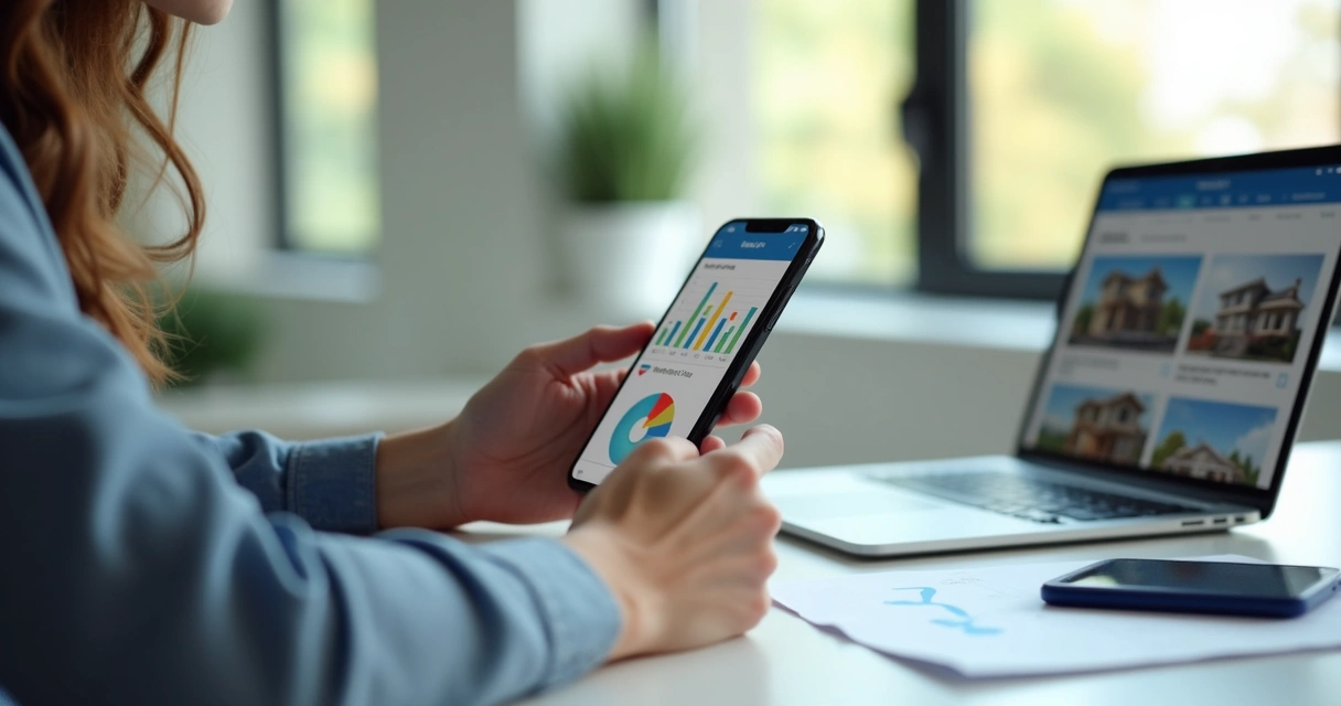 Corretor utilizando um aplicativo imobiliário no celular com gráficos de atendimento 