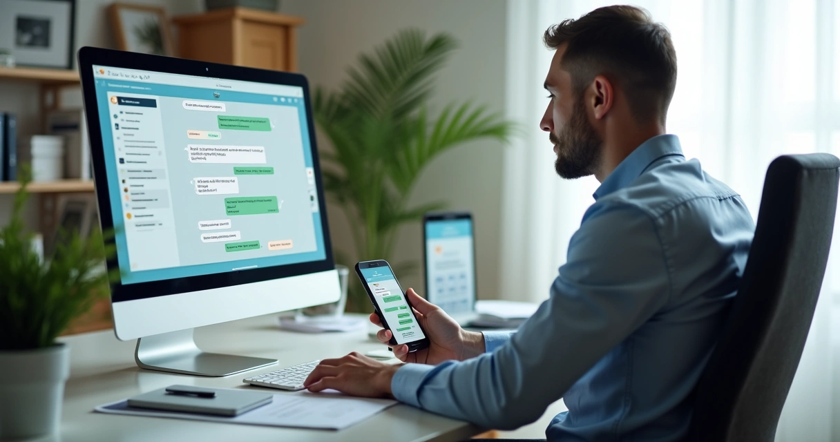 Corretor imobiliário utilizando chatbot no computador ao lado de smartphone com WhatsApp aberto 