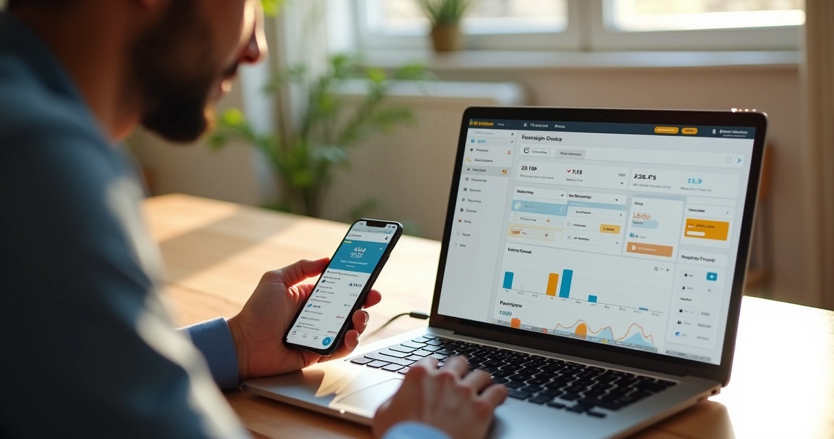 Corretor usando CRM imobiliário em notebook e smartphone, tela mostra funil de vendas 