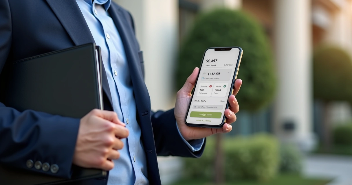 Corretor usando CRM no celular durante atendimento 