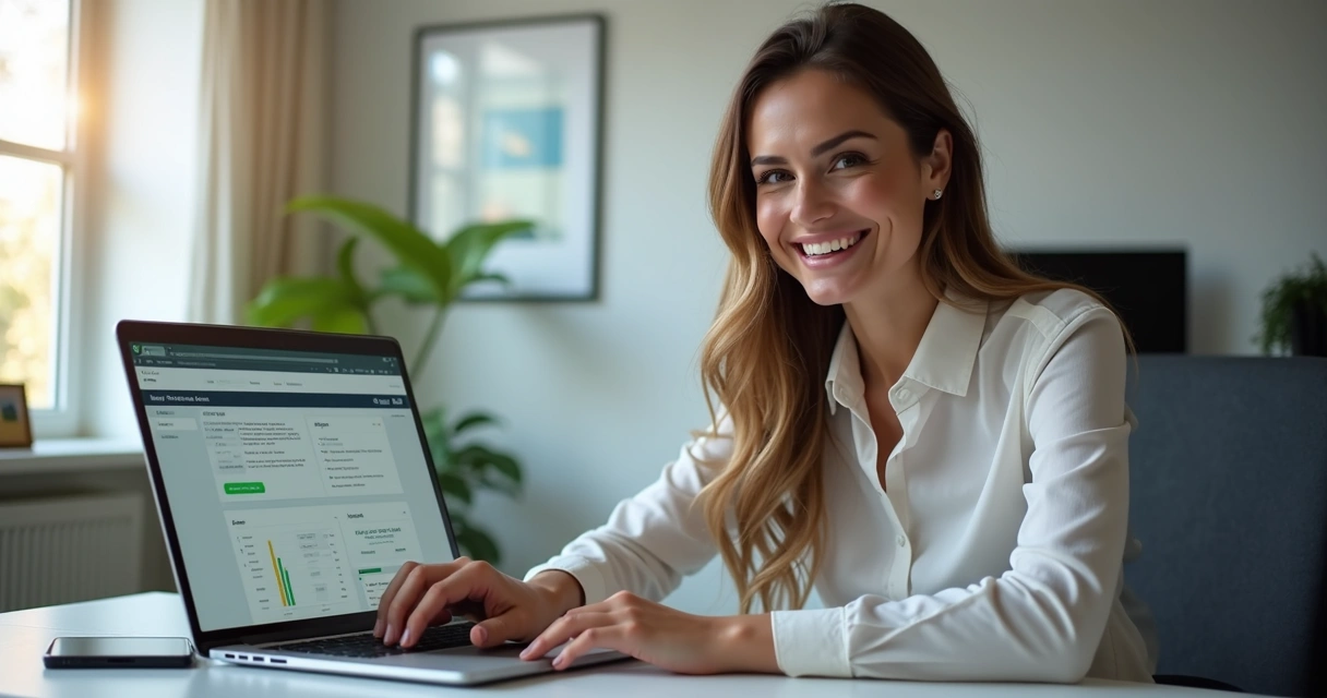 Corretor imobiliário sorridente operando CRM integrado ao WhatsApp em laptop moderno, ambiente de escritório iluminado