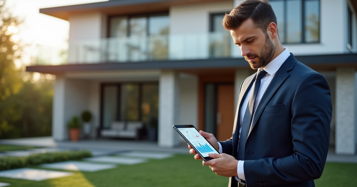 Corretor imobiliário usando tablet em frente a casa