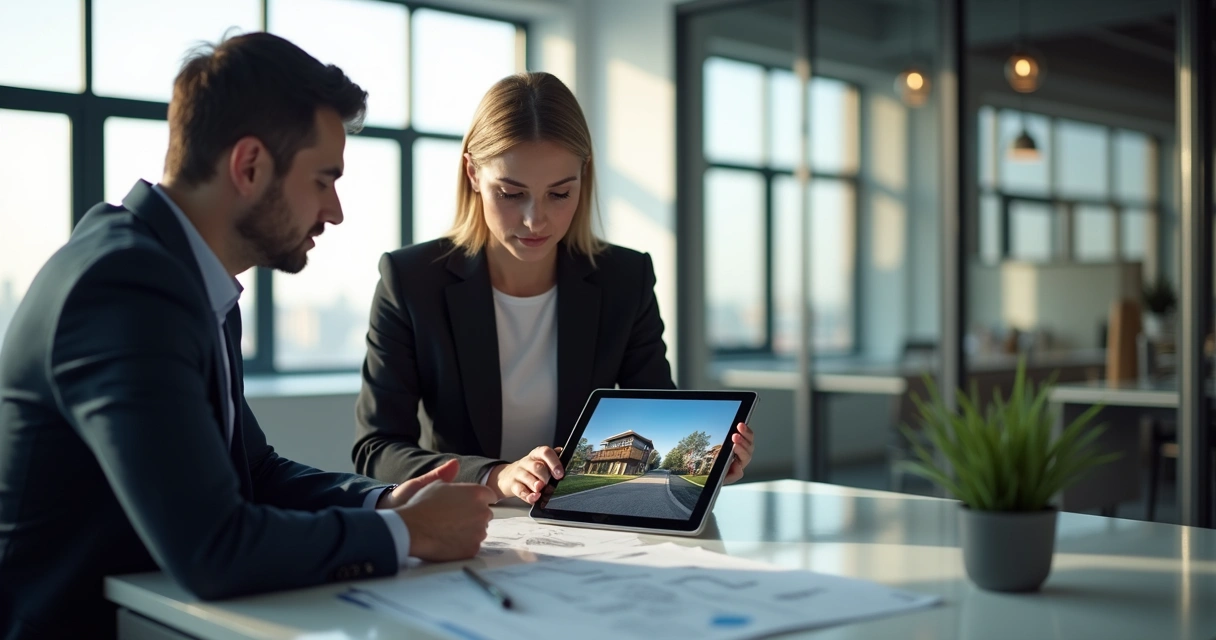 Corretor e cliente analisando empreendimento em tablet