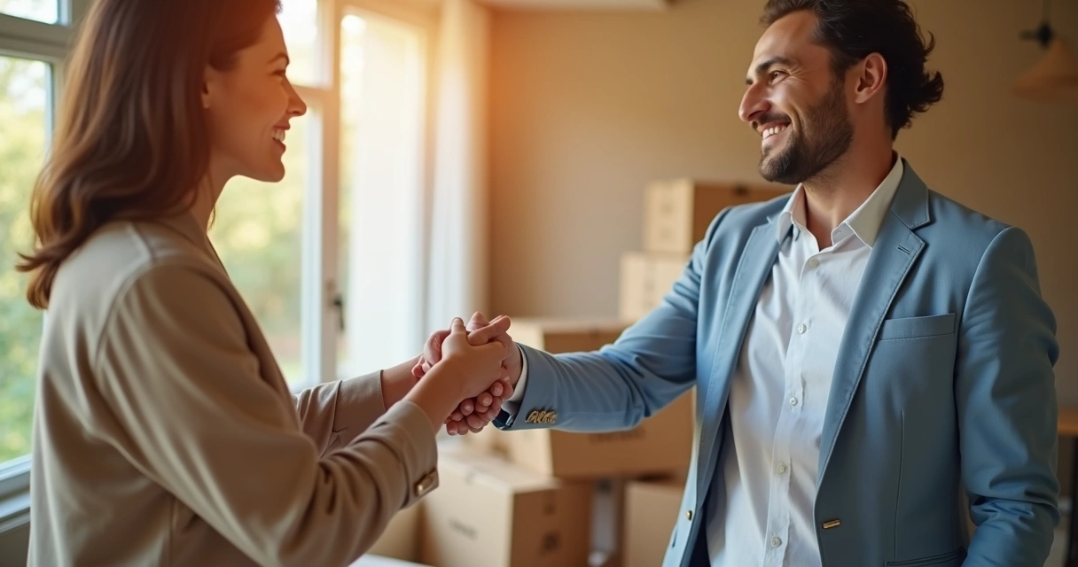 Corretor sorridente celebrando vendas com clientes em cenário de sucesso 