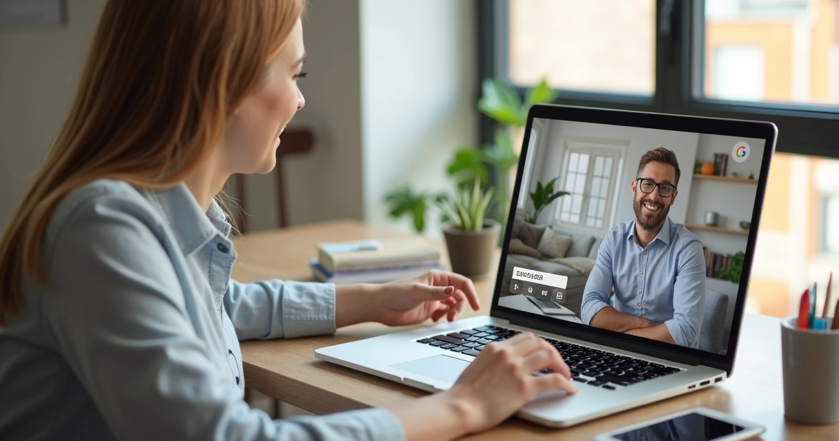 Corretor em videochamada mostrando imóvel no notebook 