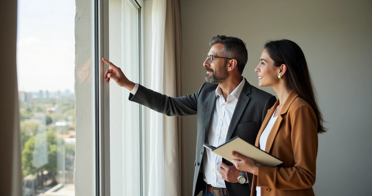 Corretor imobiliário com cliente em vistoria ao imóvel 