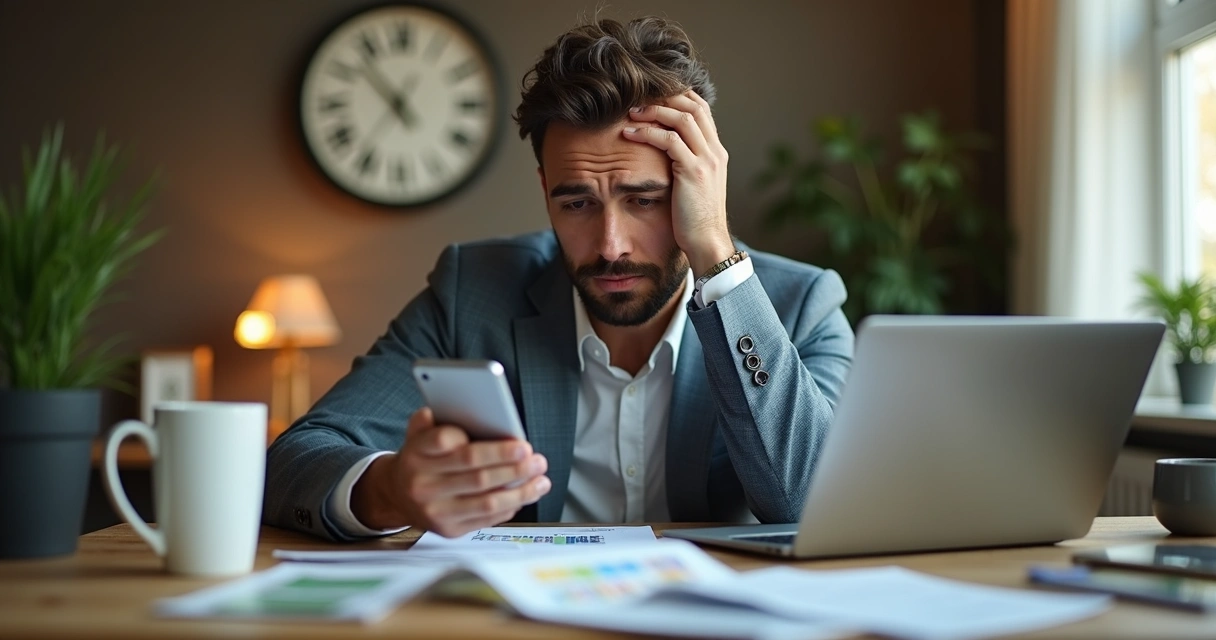 Corretor de imóveis sentado à mesa com o celular vibrando e tela cheia de notificações do WhatsApp ao fundo