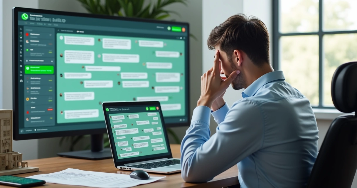 Gestor imobiliário frustrado analisando fluxo de mensagens automáticas no WhatsApp 