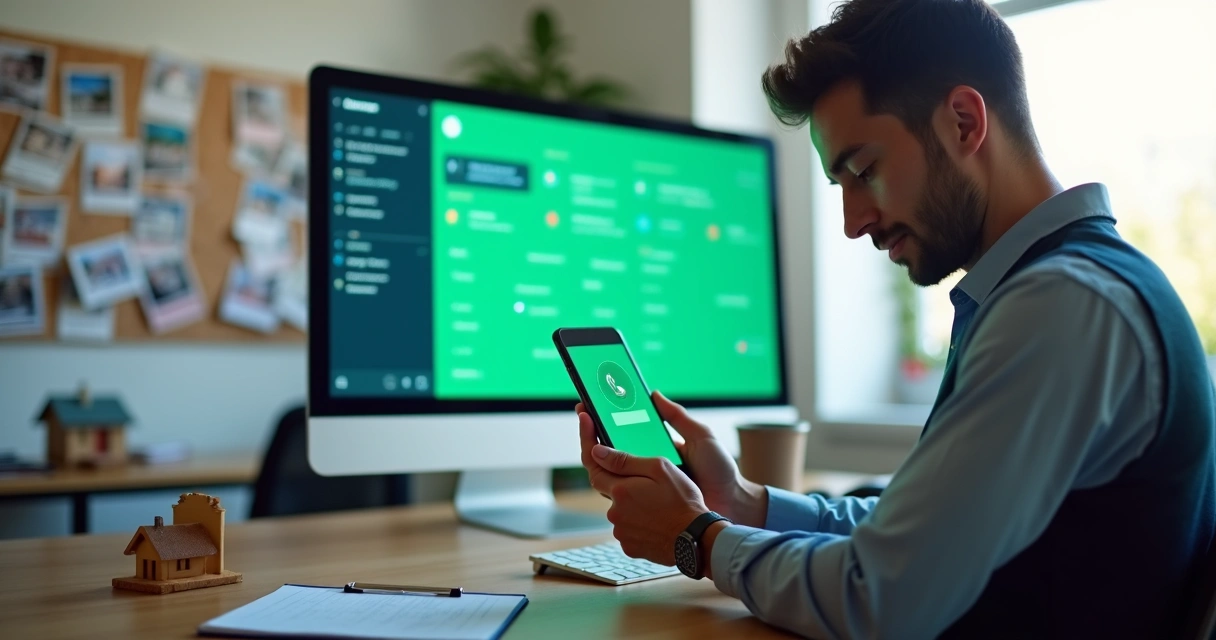 Corretor imobiliário confuso no celular enquanto perde leads no computador com CRM 