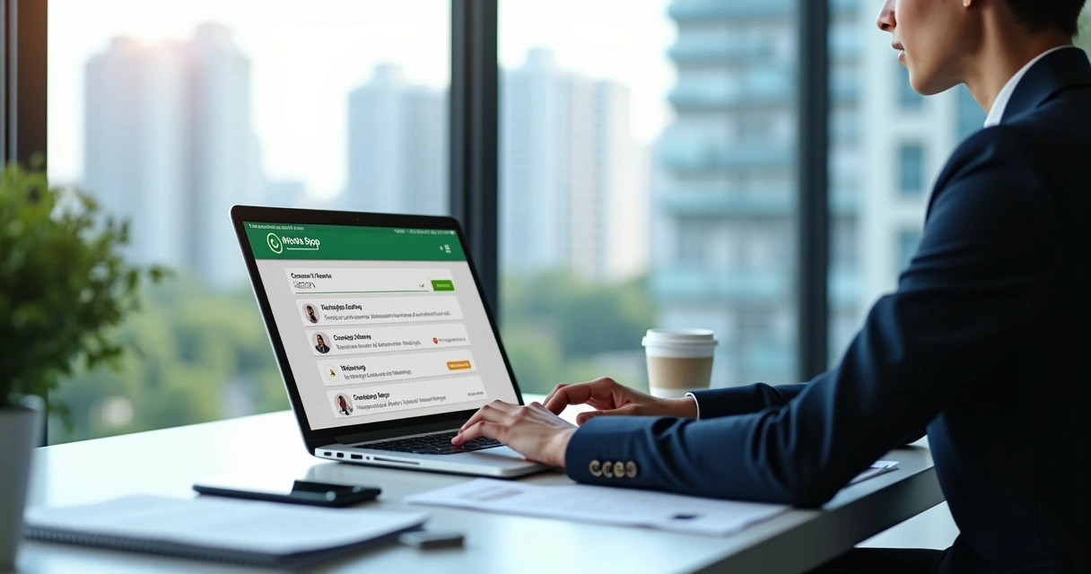 Corretor imobiliário usando aplicativo de WhatsApp integrado ao sistema CRM no laptop moderno da mesa de escritório 