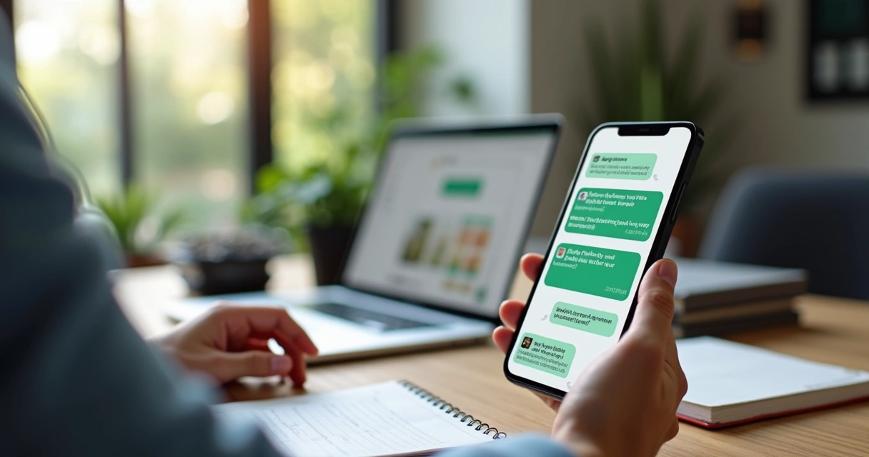 Corretor imobiliário utilizando smartphone com interface de WhatsApp para atendimento automático com IA integrada