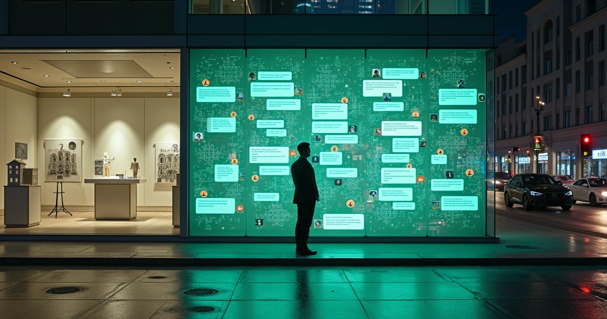 Corretor observa vitrine digital com diálogos de IA no WhatsApp qualificando leads de imóveis e carros 