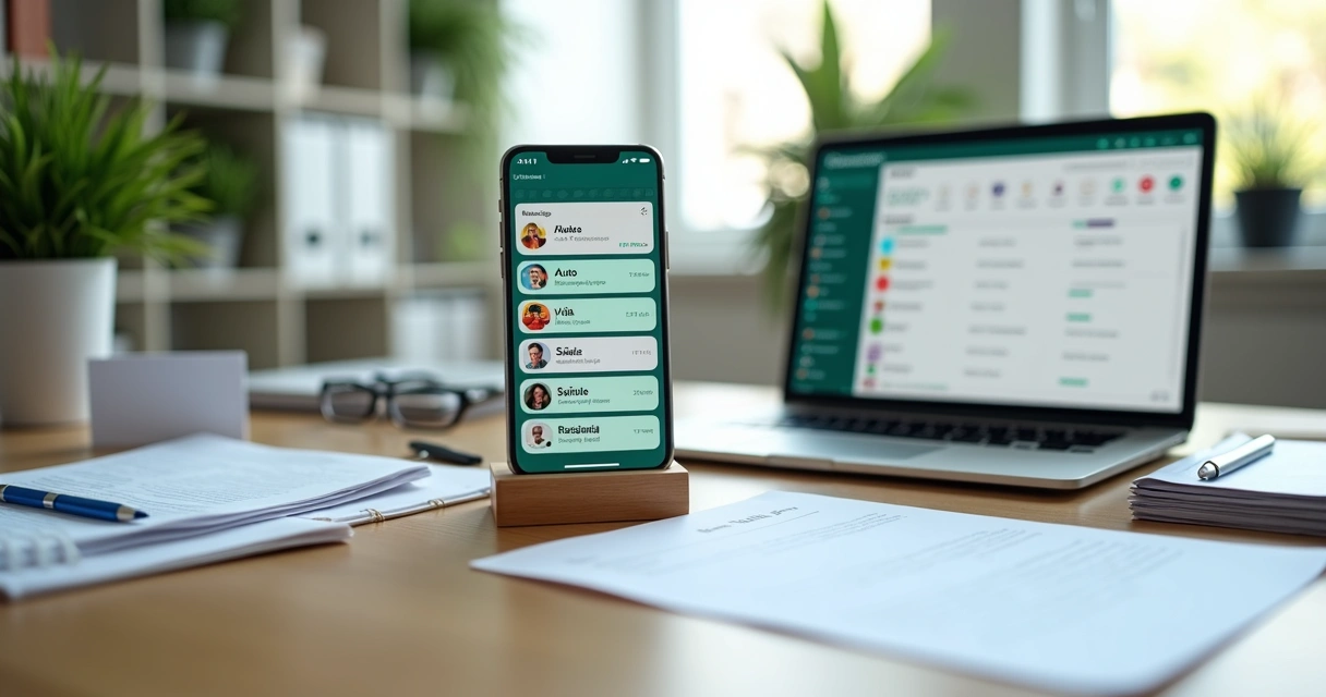 Corretor de seguros usando WhatsApp organizado ao lado de documentos de apólice 