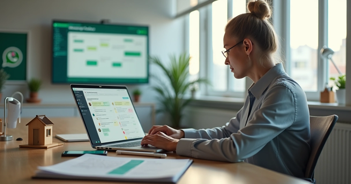 Corretor imobiliário usando WhatsApp Business no notebook para pré-qualificar leads 