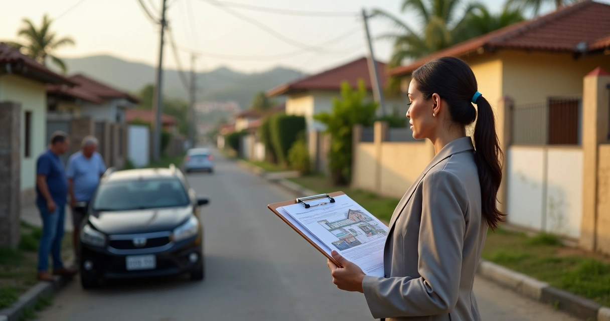 Corretora analisando fachada de casa em Contagem com prancheta e documentação de avaliação 