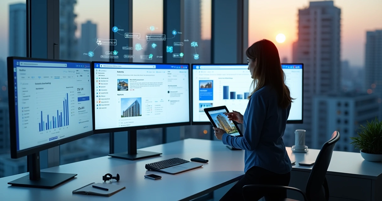 Corretora analisa anúncios imobiliários do Facebook em várias telas digitais 