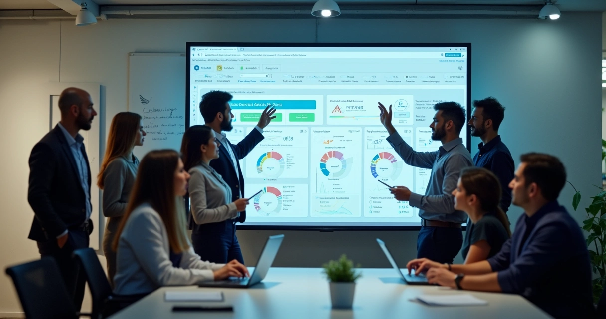 Equipe de escritório discutindo software personalizado na tela. 