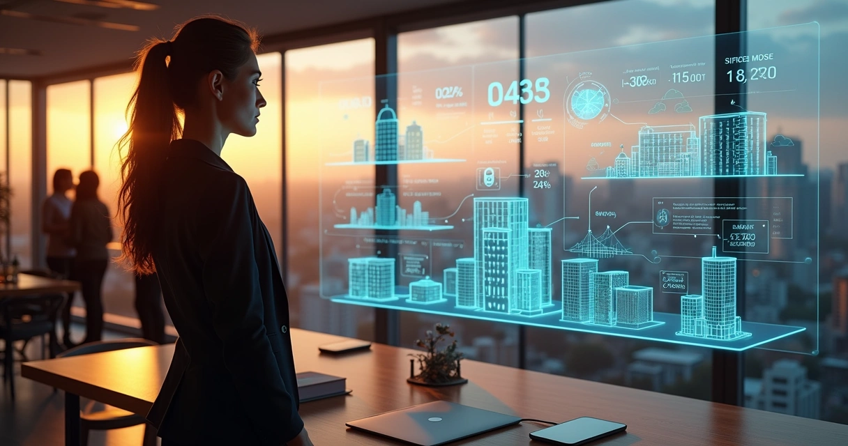 Corretora imobiliária analisa dados de IA em painel digital com miniaturas de imóveis 