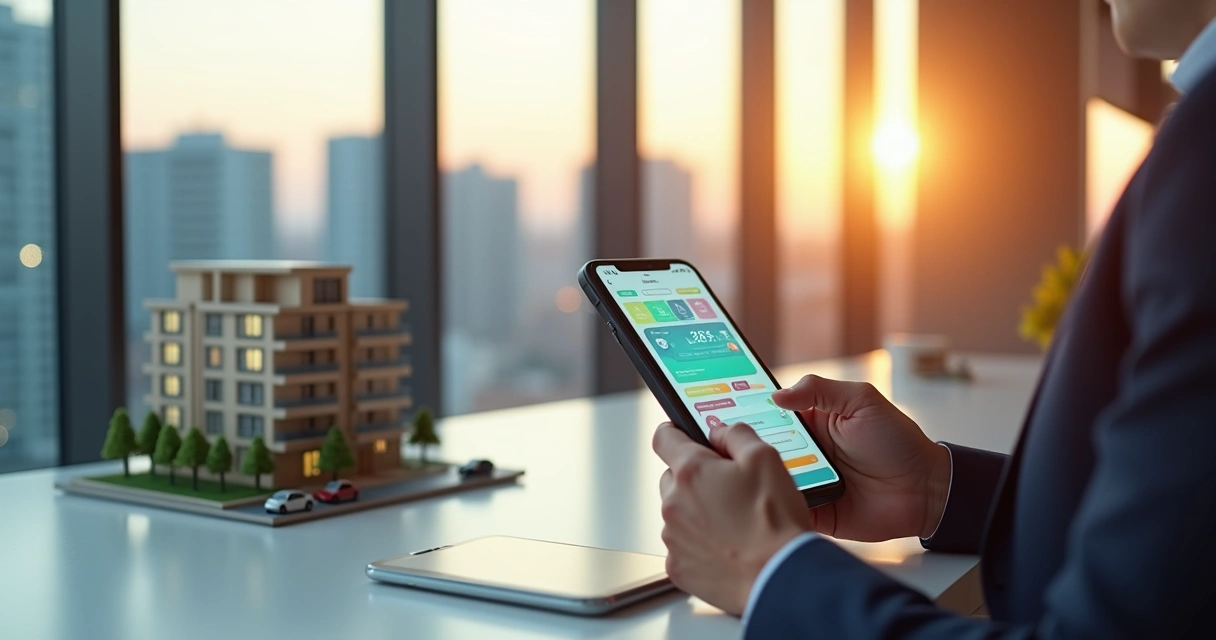 Corretora imobiliária usando CRM no celular ao lado de maquete de imóvel 