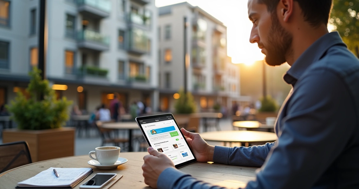 Corretora imobiliária usando tablet para gestão de imóveis em espaço aberto moderno 