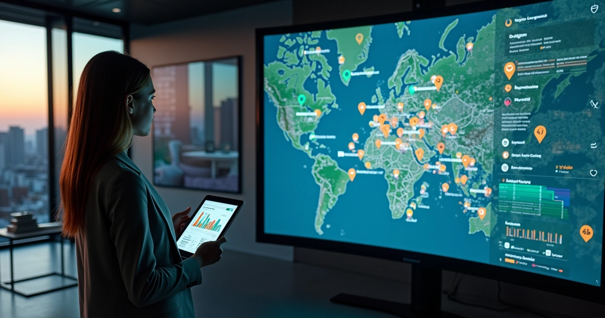 Corretora acompanha mapa digital de imóveis e funil de vendas em telão 