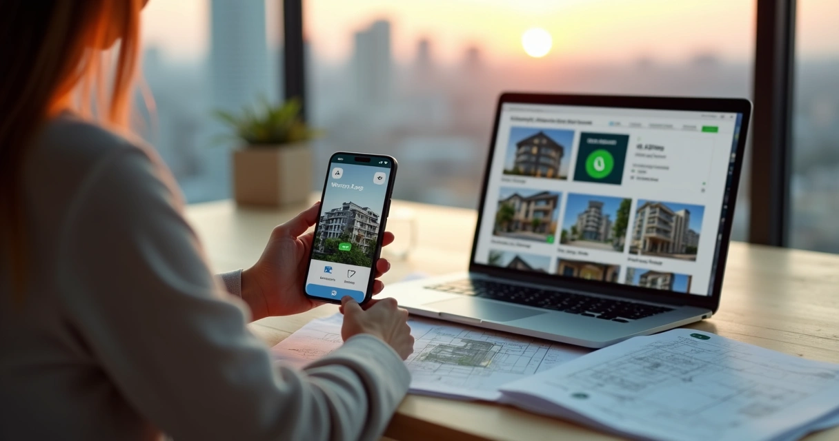 Corretora de imóveis usando smartphone para gerenciar site integrado ao lado de maquete de prédio 