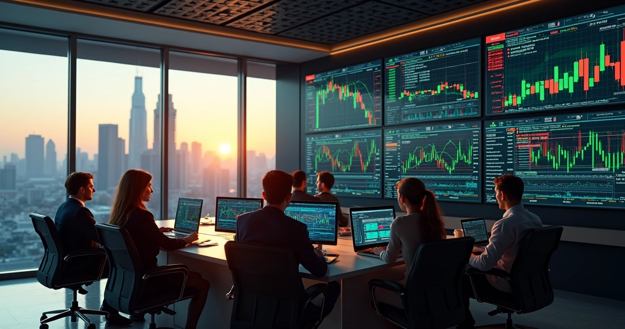 Sala moderna de corretora com múltiplos monitores exibindo gráficos financeiros detalhados e índices de mercado 