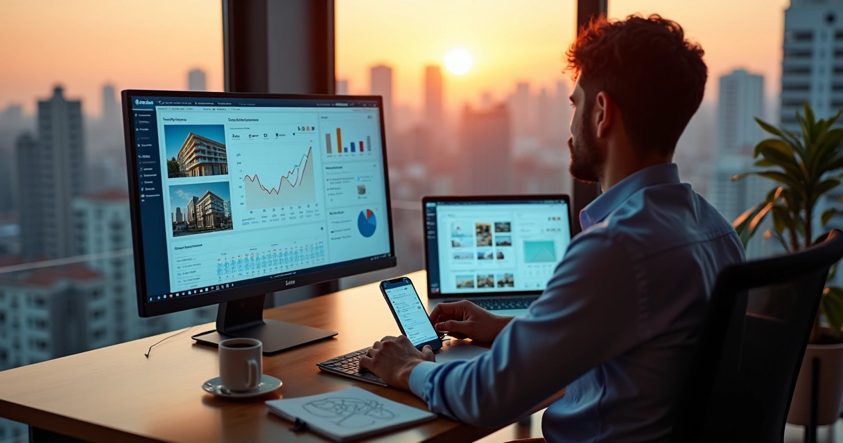 Corretora analisa campanhas de marketing imobiliário em tela com anúncios de imóveis 