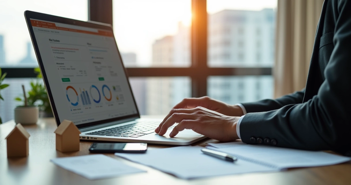 Corretor de imóveis registrando leads em um laptop moderno 