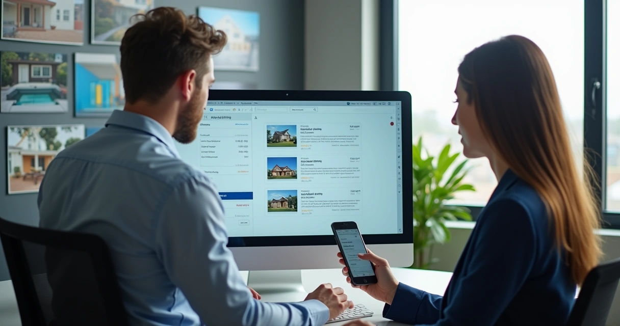Dois corretores utilizando computador e celular em uma sala iluminada, integrando contatos digitais 