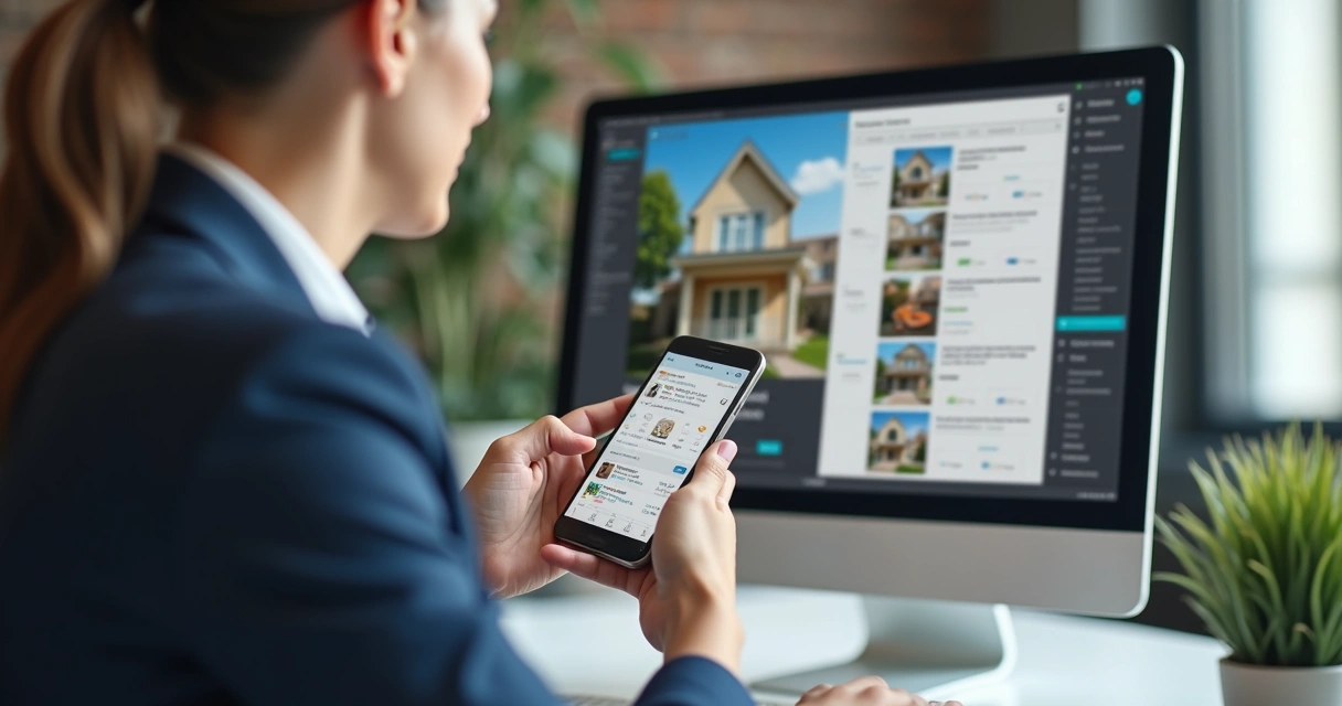 Corretor imobiliário usando aplicativo no celular enquanto atende cliente 